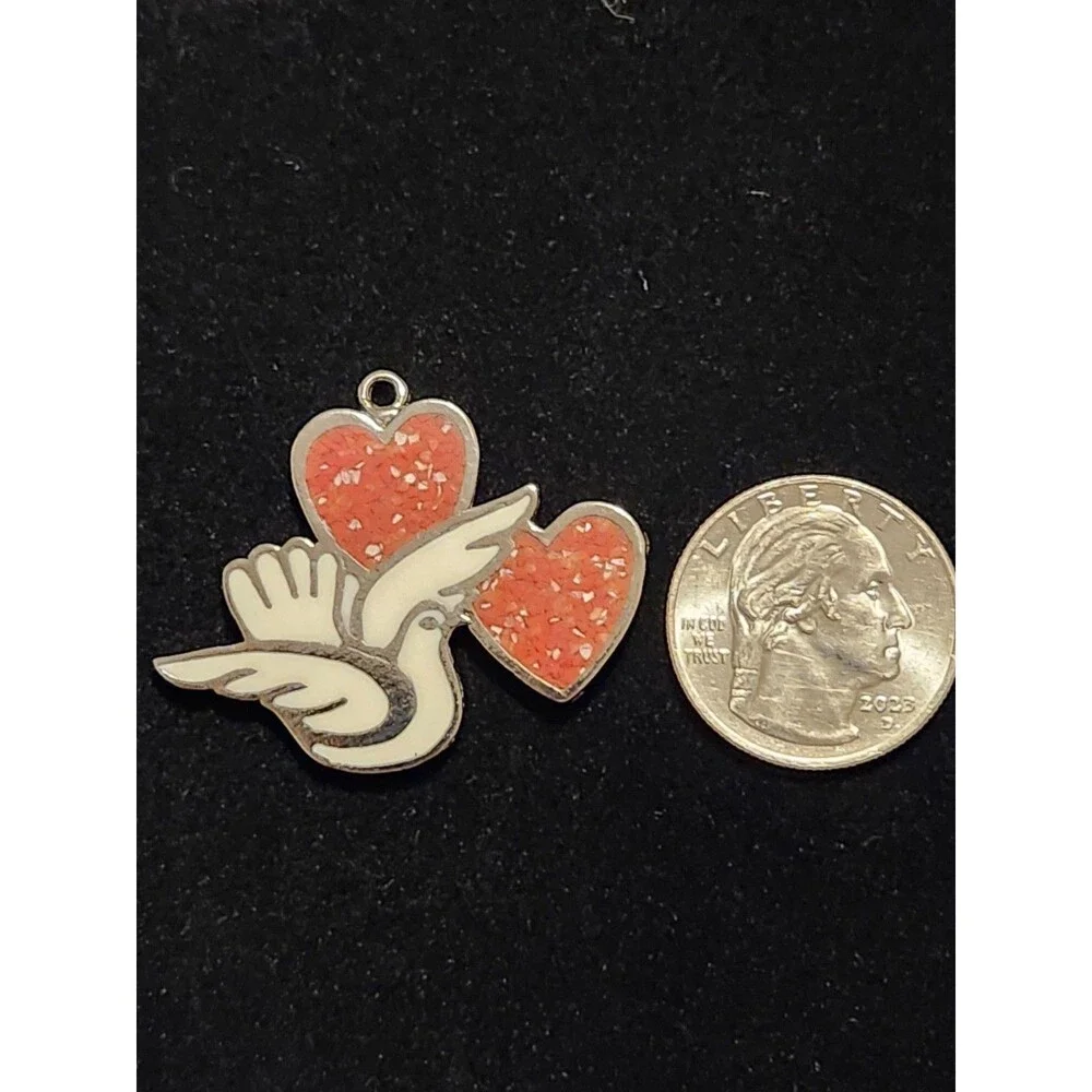Vintage G&S Dove Pendant Pewter Coral Inlay Hearts Peace Love ©93
